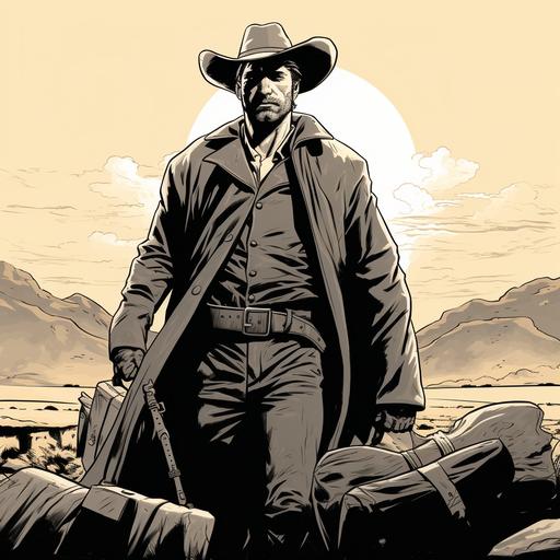 blend of Amar Chitra Katha style comic book and lineart noir style. a full body portrait of an attractive male irish-american bootlegger in his early 30s. carries a mysterious bag and always wears boots. alwys wears a cowby rancher hat. sacred ancient mounds in the background