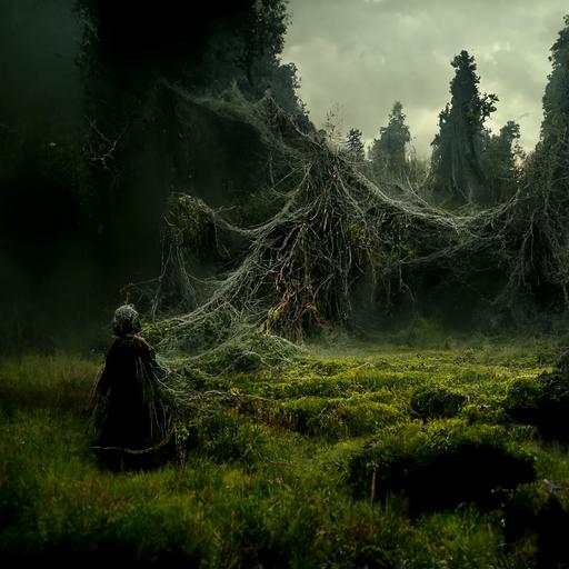 blighted lands, moss, swamp, old female witch, spider webs, dark heart, dark overtones, horror, evil, dank, murky, green mist, hallows of trees, witches moon, 8K, fine details, cinematic realistic, 3D, ar 16:9