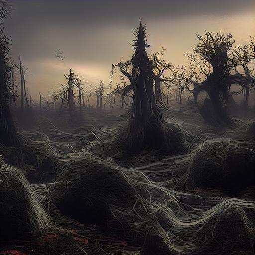 blighted lands, moss, swamp, old female witch, spider webs, dark heart, dark overtones, horror, evil, dank, murky, green mist, hallows of trees, witches moon, 8K, fine details, cinematic realistic, 3D, ar 16:9