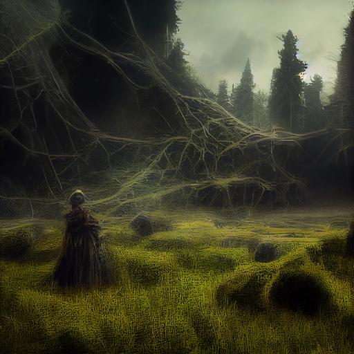 blighted lands, moss, swamp, old female witch, spider webs, dark heart, dark overtones, horror, evil, dank, murky, green mist, hallows of trees, witches moon, 8K, fine details, cinematic realistic, 3D, ar 16:9