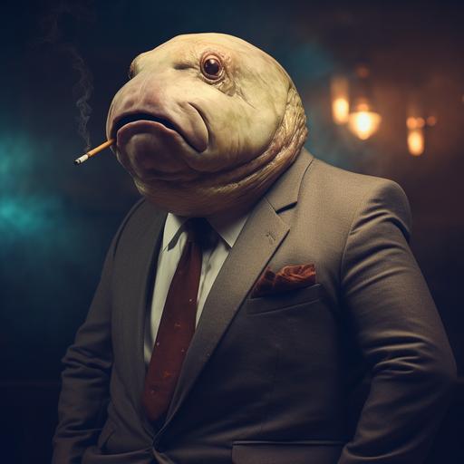 blob fish in a suit holding a cigar.