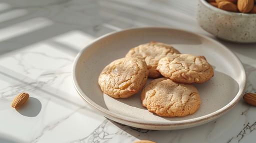 blob: photo-realistic 45 degree angle food photography of vanilla maple cinnamon oatmeal cookies on ceramic plate with vanilla and almonds as accents on a white travertine countertop - minimalism, food photography, warm light, shot with a Zeiss Otus 55mm f/1.4 Lens, lit by daylight set against a minimalistic background with soft shadows. fine art photography techniques, high detail capture, contrast balance, soft-edged shadows, natural light simulation, high fidelity realism --ar 16:9