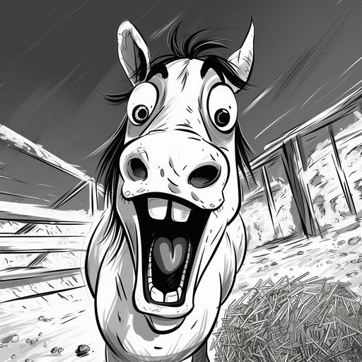 blob: silly horse eating hay, in a barn, modern cartoon line art, black and white