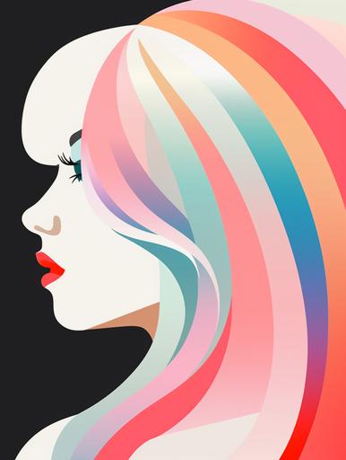 blob:https://discord.com/6bcdcdae-61f6-4e6b-81ff-30426c6a51a7 a vector image of a girl with rainbow colored hair and a black eye, in the style of light silver and light red and white, bauhaus photography, contemporary indian art, translucent planes, serene visuals, sense of quiet contemplation, animated gifs --ar 3:4