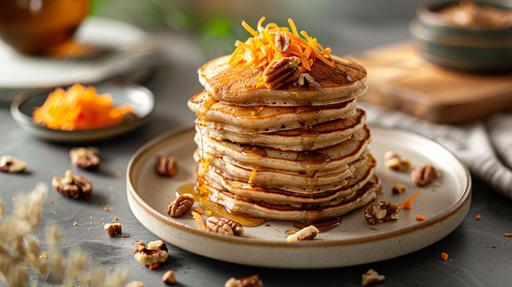 blob: 45 degree angle food photography of a stack of pancakes on a ceramic plate with walnuts, shredded carrots and almond butter drizzle as accents on a stone countertop - minimalism, food photography, warm light, shot with a Zeiss Otus 55mm f/1.4 Lens, lit by natural daylight set against a minimalistic background with subtle soft-edged shadows. fine art photography techniques, high detail capture, contrast balance, natural light simulation, high fidelity realism --ar 16:9