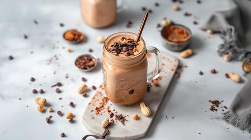 blob: 45 degree angle food photography of a creamy chocolate peanut butter smoothie in a mason jar with cacao nibs and peanut butter as accents on a travertine countertop - minimalism, food photography, warm light, shot with a Zeiss Otus 55mm f/1.4 Lens, lit by natural daylight set against a minimalistic background with subtle soft-edged shadows. fine art photography techniques, high detail capture, contrast balance, natural light simulation, high fidelity realism --ar 16:9 --v 6.0