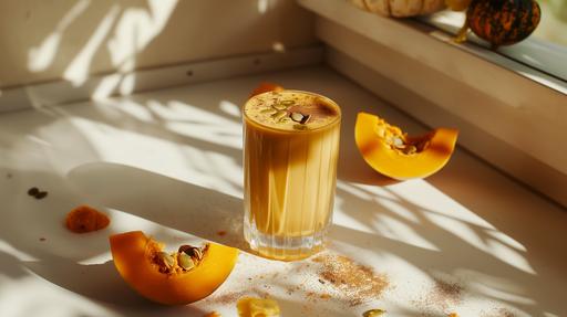 blob: 45 degree angle food photography of a fall inspired chai-spiced butternut squash smoothie in a crystal glass with chai and pumkin seeds as accents on a white travertine countertop - minimalism, food photography, warm light, shot with a Zeiss Otus 55mm f/1.4 Lens, lit by daylight set against a minimalistic background with soft shadows. fine art photography techniques, high detail capture, contrast balance, soft-edged shadows, natural light simulation, high fidelity realism --ar 16:9 --v 6.0