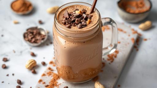 blob: 45 degree angle food photography of a creamy chocolate peanut butter smoothie in a mason jar with cacao nibs and peanut butter as accents on a travertine countertop - minimalism, food photography, warm light, shot with a Zeiss Otus 55mm f/1.4 Lens, lit by natural daylight set against a minimalistic background with subtle soft-edged shadows. fine art photography techniques, high detail capture, contrast balance, natural light simulation, high fidelity realism --ar 16:9