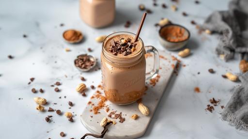 blob: 45 degree angle food photography of a creamy chocolate peanut butter smoothie in a mason jar with cacao nibs and peanut butter as accents on a travertine countertop - minimalism, food photography, warm light, shot with a Zeiss Otus 55mm f/1.4 Lens, lit by natural daylight set against a minimalistic background with subtle soft-edged shadows. fine art photography techniques, high detail capture, contrast balance, natural light simulation, high fidelity realism --ar 16:9