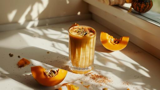 blob: 45 degree angle food photography of a fall inspired chai-spiced butternut squash smoothie in a crystal glass with chai and pumkin seeds as accents on a white travertine countertop - minimalism, food photography, warm light, shot with a Zeiss Otus 55mm f/1.4 Lens, lit by daylight set against a minimalistic background with soft shadows. fine art photography techniques, high detail capture, contrast balance, soft-edged shadows, natural light simulation, high fidelity realism --ar 16:9 --v 6.0