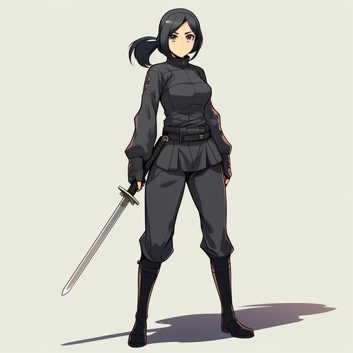 blob: as a female Japanese ninja, Setsuko Hara, full body shot, tight black sweater, tight black trousers, combat boots, holding a katana, in manga style, in retro style, in the style of Rei Hiroe, retro modern, very detailed, insane detail, realistic, hand drawn, vintage, noir, on rooftop, nighttime, city lights
