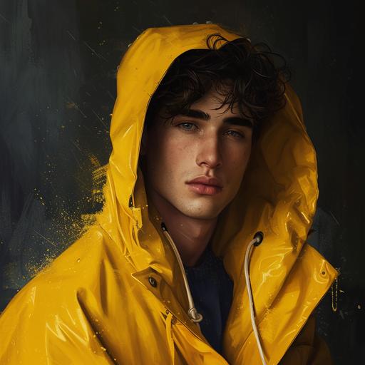 /blob: wearing a yellow rain coat in a photoset as a model handsome --v 6.0