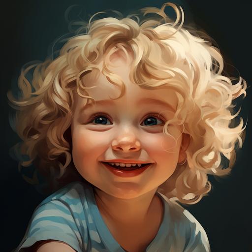 blond baby, blue eyes, cheeks, cute cartoon, curly hair smiling