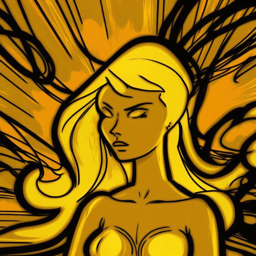 blond drawn woman, gold colors in the background, comic style drawing, longer hair , abstract art, weird style, slim face, no face details,