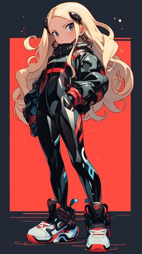blond female wearing rubber suit, anime style, cute, bold outlines, full body --ar 9:16 --niji 5 --stylize 1000