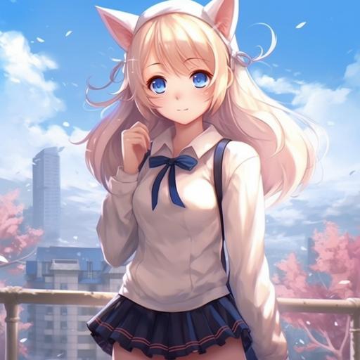 blond girl, anime art style, blue eyes, cat ears, school outfit, straight hair, over size white sweater with c at paw print, light pink skirt, and cat tail