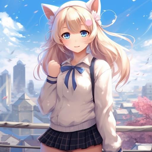 blond girl, anime art style, blue eyes, cat ears, school outfit, straight hair, over size white sweater with c at paw print, light pink skirt, and cat tail