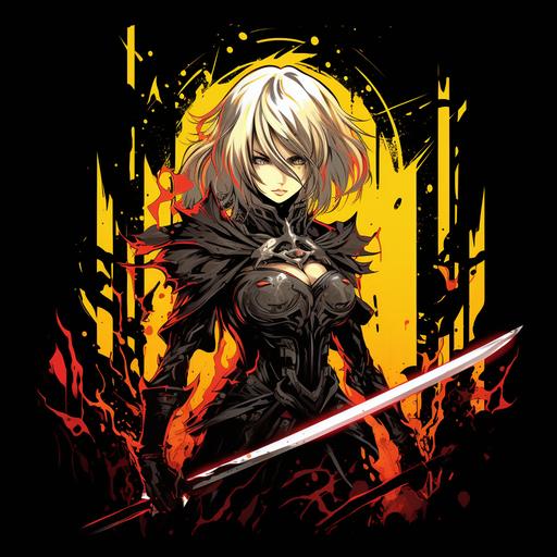 blonde Anime Girl with a sword illustration for a tshirt design with black blackground in the style of bold outline, jagged edges, trashcore, luminous shadowing