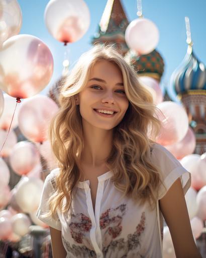 blonde Russian girl. White girl..blonde hair. Blue eyes girl. Dreamy photo taken with Hasselblad H6D-400C Multi-Shot 8k. Moscow red square. Moscow downtown. Blue eyes blonde girl. White girl. Balloons sky. Amazing sky sun beams behind cotton clouds reflection of sun on water. Super real photo high resolution--c 100 --stylize 250 --v 5.2 --ar 4:5
