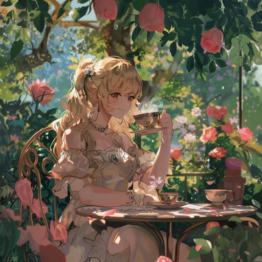 blonde anime girl drinking tea in a rose garden