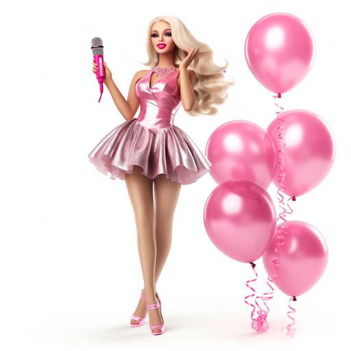 blonde barbie fashion doll clipart, karaoke bratz doll fashion with microphone in hand, bright pink blonde fashion, pink balloons in background, disco ball, white background