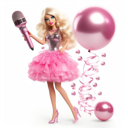 blonde barbie fashion doll clipart, karaoke teen prety bratz doll fashion with microphone in hand, bright pink blonde fashion, pink balloons in background, disco ball, white background