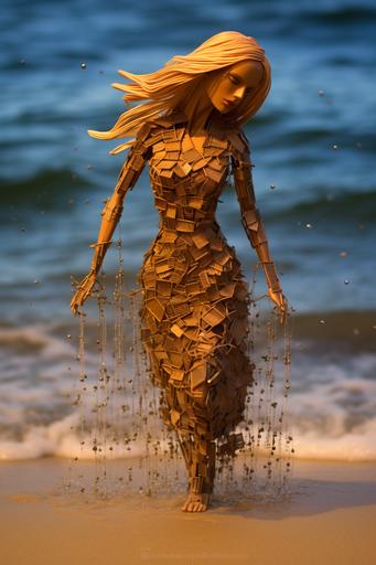 blonde bikin model on the beach, wet from ocean waves, dripping, sandy, made from rusty paperclips, waves crashing --ar 2:3 --v 5.1