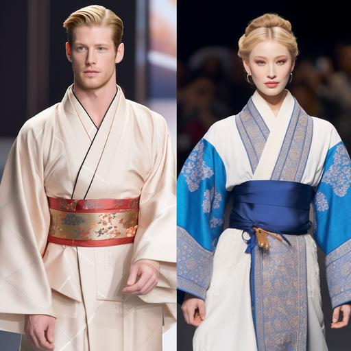 A blonde, blue-eyed, fair-skinned man wearing traditional Korean clothing in the Louis Vuitton runway style. A blond, blue-eyed, fair-skinned woman wearing a traditional Korean outfit in the Louis Vuitton runway style.