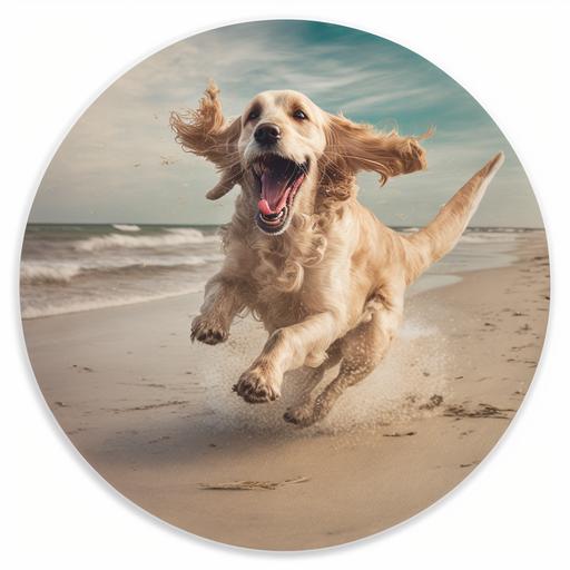 blonde cocker spaniel on the beach hyper realistic frisbee open mouth