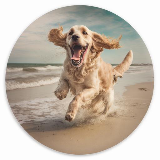 blonde cocker spaniel on the beach hyper realistic frisbee open mouth