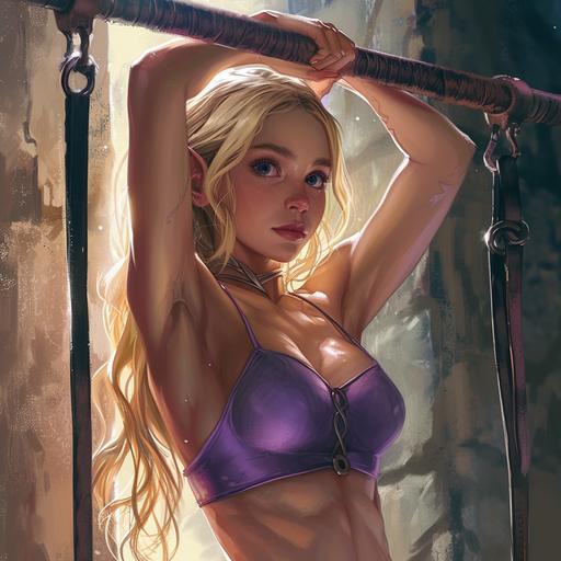 blonde elf princess in greek toga exercising doing pull ups at commercial gym, yearning expression, in the style of fashion-illustration, dark silver and light purple, i can't believe how beautiful this is, dark brown and dark amber, smooth and shiny, cute and colorful, captivating gaze --v 6.0