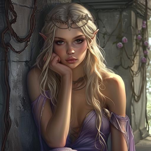 blonde elf princess in greek toga, yearning expression, in the style of fashion-illustration, dark silver and light purple, i can't believe how beautiful this is, dark brown and dark amber, smooth and shiny, cute and colorful, captivating gaze --v 6.0