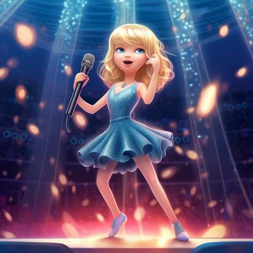 blonde girl blonde hair blue eyes cartoon animated on a stage with a sparkle dress high boots microphone taylor swift