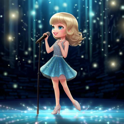 blonde girl blonde hair blue eyes cartoon animated on a stage with a sparkle dress high boots microphone taylor swift