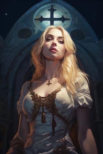 blonde girl in front of a church with a cross christian, with a beautiful moon, detailed on face, ultra realistic, image --ar 2:3