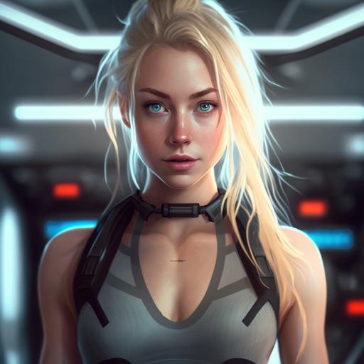 blonde girl with blue eyes, in the style of mass effect, ambient lighting, amateur selfie, sci Fi mirror, spaceship cabin, workout clothes, post workout, simple shapewear, intimate selfie, simple Nike grey workout clothes, leggings, floating camera drone