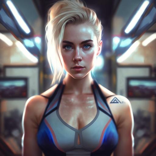 blonde girl with blue eyes, in the style of mass effect, ambient lighting, amateur selfie, sci Fi mirror, spaceship cabin, workout clothes, post workout, shapewear, intimate selfie