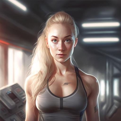 blonde girl with blue eyes, in the style of mass effect, ambient lighting, amateur selfie, sci Fi mirror, spaceship cabin, workout clothes, post workout, simple shapewear, intimate selfie, simple Nike grey workout clothes, leggings, floating camera drone