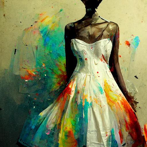 blonde hair :: paint splatter on white dress :: white dress with rainbow ink drip