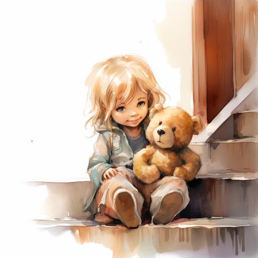 blonde hair baby girl with brown teddy bear. in front of the house. sitting in the stairs. watercolor cartoon style