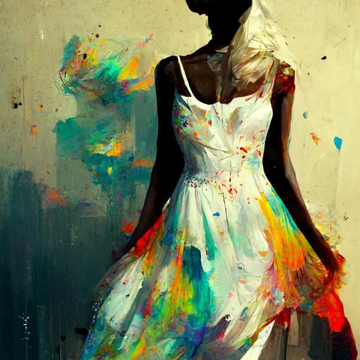 blonde hair :: paint splatter on white dress :: white dress with rainbow ink drip