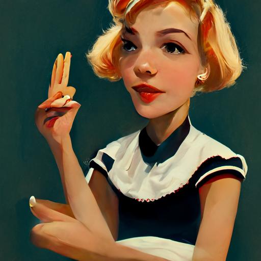 blonde haired cartoon character, 1950's style, shhhh finger on mouth, french maid:: 4K
