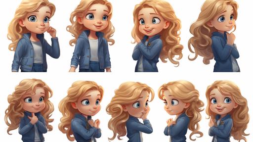 blonde haired girl,5 years old,curls,long hair,blue eyes,sprinkles,small nose,cartoon style,multiple expressions and poses,character sheet,blue shirt and blue jeans, --seed 3426852937 --ar 16:9