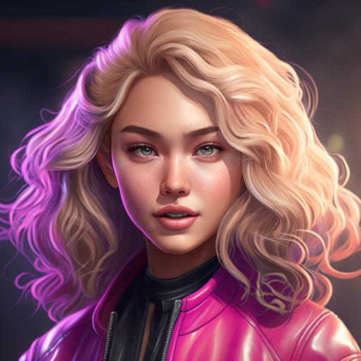 blonde korean woman, curly wavy hair, kpop, semi realistic anime style, 4k, hdr, great lighting, pink leather jacket, make up lover --v 4