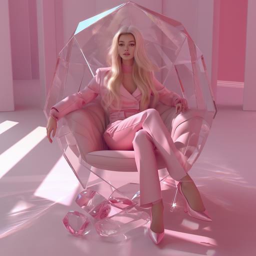 blonde model in a powder pink business suit sitting in a chair shaped like a human cut clear diamond made from acrylic - she has Louboutin shoes in the style of barbie. Human in a picture hyper realistic in 8k --v 6.0