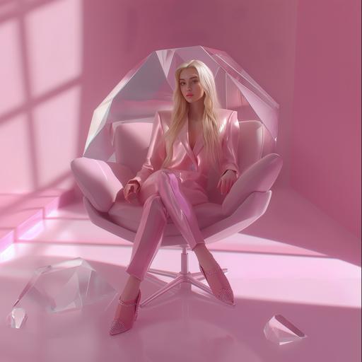 blonde model in a powder pink business suit sitting in a chair shaped like a human cut clear diamond made from acrylic - she has Louboutin shoes in the style of barbie. Human in a picture hyper realistic in 8k --v 6.0