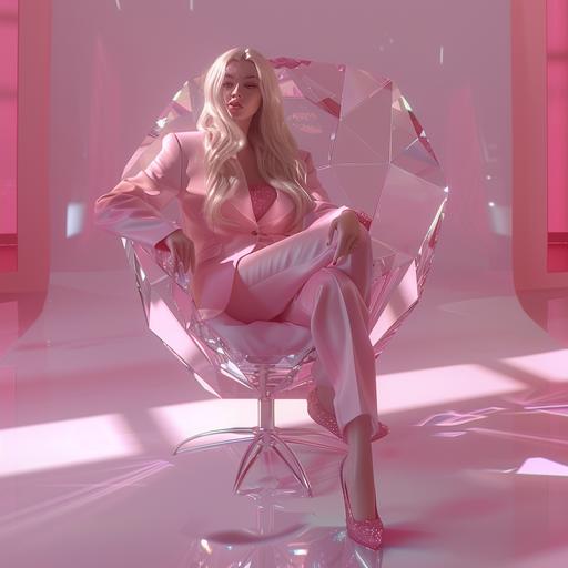 blonde model in a powder pink business suit sitting in a chair shaped like a human cut clear diamond made from acrylic - she has Louboutin shoes in the style of barbie. Human in a picture hyper realistic in 8k --v 6.0