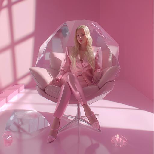 blonde model in a powder pink business suit sitting in a chair shaped like a human cut clear diamond made from acrylic - she has Louboutin shoes in the style of barbie. Human in a picture hyper realistic in 8k --v 6.0