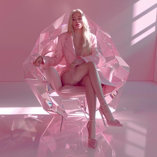 blonde model in a powder pink business suit sitting in a chair shaped like a human cut clear diamond made from acrylic - she has Louboutin shoes in the style of barbie. Human in a picture hyper realistic in 8k --v 6.0