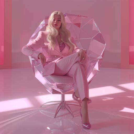 blonde model in a powder pink business suit sitting in a chair shaped like a human cut clear diamond made from acrylic - she has Louboutin shoes in the style of barbie. Human in a picture hyper realistic in 8k --v 6.0